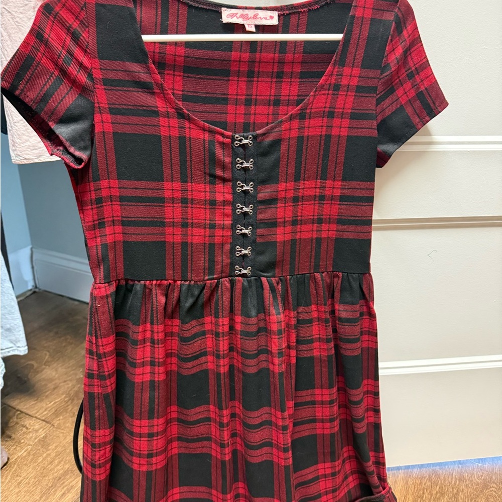 Red and Black Plaid Short Sleeve Hook-Front Dress